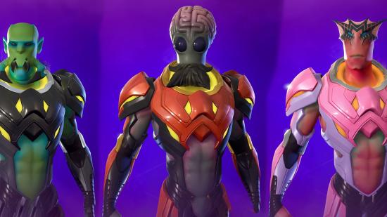 Three Kymera aliens in Fortnite with three unique styles