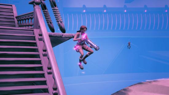 Lara is leaping down while shooting a shot in the Fortnite mothership minigame.