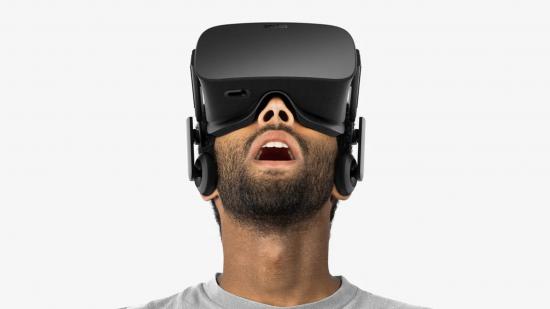 A man looking shocked with a VR headset on
