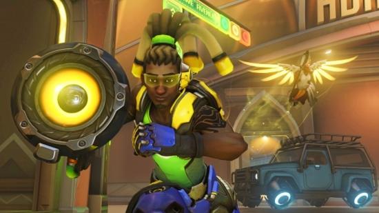 Lucio charging into the fight in Overwatch with Mercy