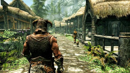 A character walking through a town in Skyrim