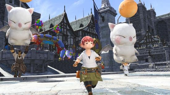 A FFXIV player running around Eorzea with two Moogle floats