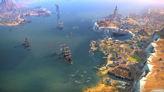 Some ships and a coastal city in 4x game humankind