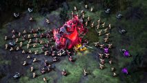 soldiers surround a big monster in survival rts game age of darkness