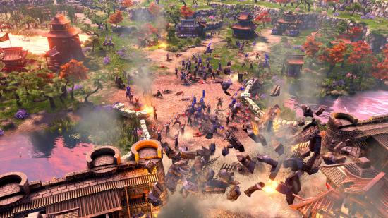 A castle under siege in Age of Empires 3, with the main gates blowing open from an explosion