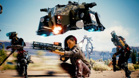 Best Cyberpunk 2077 mods: the Drone Companion mod in action, showing V aiming a rifle while her two android companions rush forward and a flying drone shoots at an enemy off-screen.