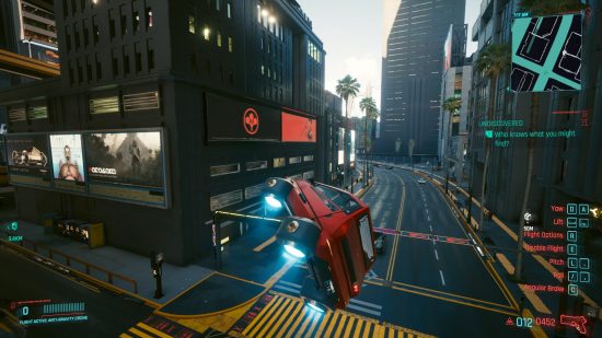 Best Cyberpunk 2077 mods: flying a red car with jet boosters underneath the wheel. The car is turning, but looks like it's about to crash into the building.