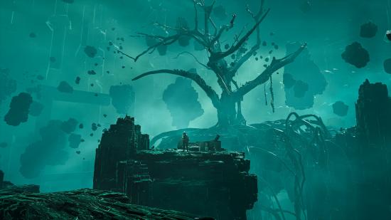 A tree is seen growing in a dark and eerie world full of floating islands made of some kind of dark crystalline element in Chernobylite.