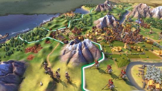 A close-up shot of Civilization 6 shows archer and phalanx units standing outside an ancient far east city.