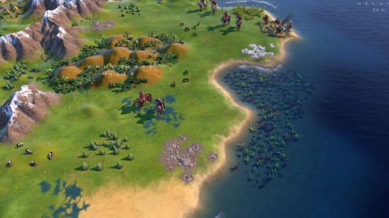 A Civilization 6 map screen showing a coast with kelp forests growing in the ocean.