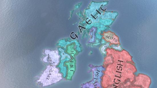 A map of the cultures present in the british isles in strategy game Crusader Kings 3