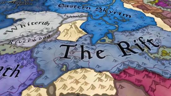 A Crusader Kings 3 map shows the territories of Skyrim and The Rift.