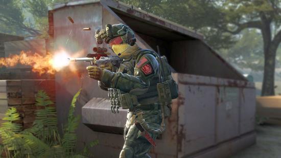 A CSGO character in armour firing a rifle in a forested street