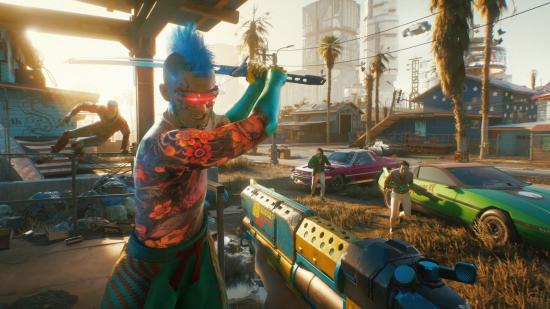 A Cyberpunk 2077 character attacks the player with a katana
