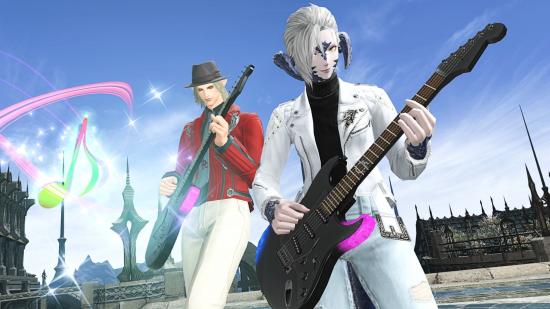 Two FF14 players playing the electric guitar
