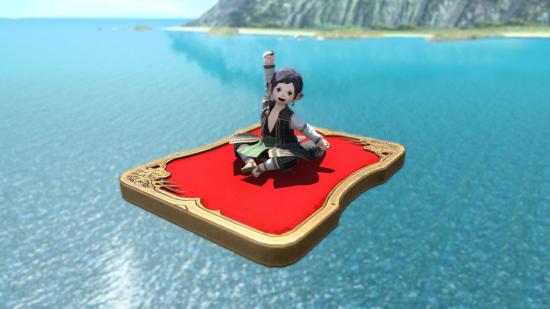 A Final Fantasy XIV character on a float in a lake