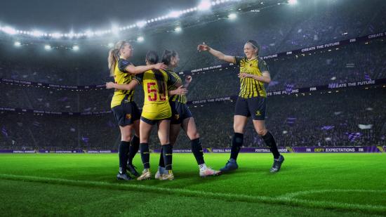 Women football players embrace on the pitch in Football Manager promotional art.