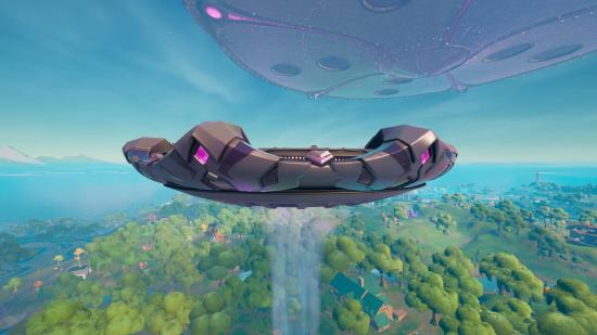 A Fortnite abductor using its traction beam to lure in any unsuspecting players. The mothership looms above.