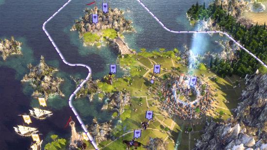एज ऑफ वंडर्स 3 हा सभ्यतेचा खेळ आहे आणि मोहिमेच्या नकाशामधील किनारपट्टीच्या शहराचा हा शॉट आहे