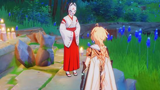 La doncella del santuario que le da al viajero una búsqueda para obtener la lente del recuerdo en Genshin Impact 2.0