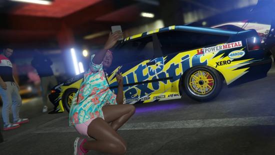 A member of the LS Car Meet in GTA Online Los Santos Tuners taking a selfie next to a sports car.