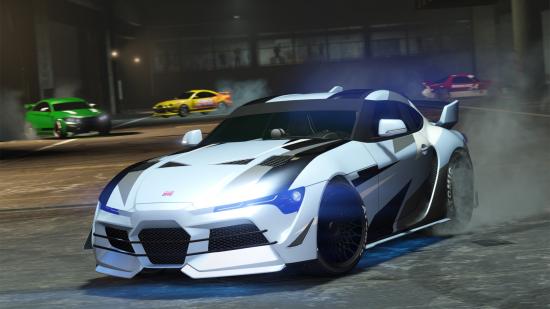 Cars race around a track in GTA V Online