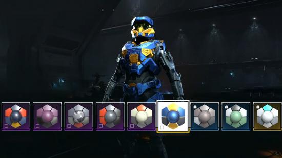 A Spartan standing wearing unique colours using Halo Infinite's armour customisation system