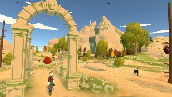 The player character in Harvest Days stands in front of an open-world map with mountains, forests, and a temple ruin