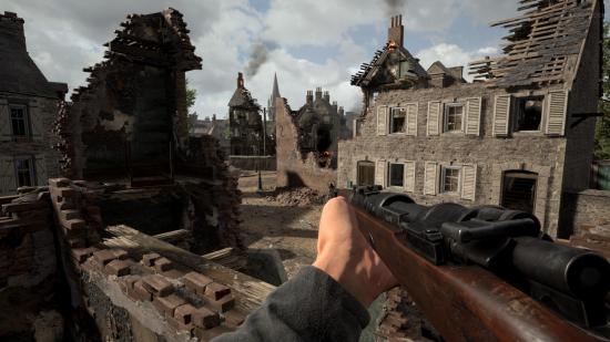 First person perspective of a German rifle being held in the bombed-out remains of a French village in Hell Let Loose.