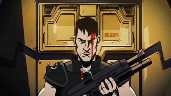 An animated space marine ejects a spent shell from a shotgun in the trailer for Jupiter Hell