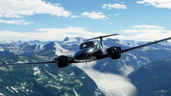 A Microsoft Flight Simulator plane in the air above snow mountains and green valleys