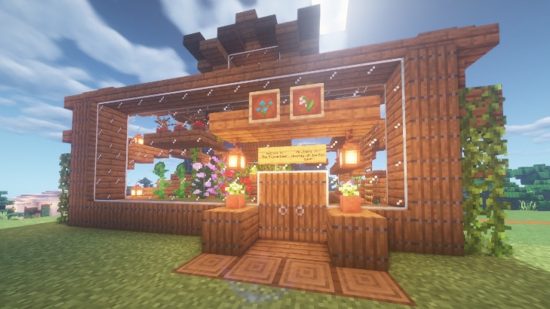 Minecraft विचार: एक कांच के सामने एक प्यारा, लकड़ी के फूल की दुकान।