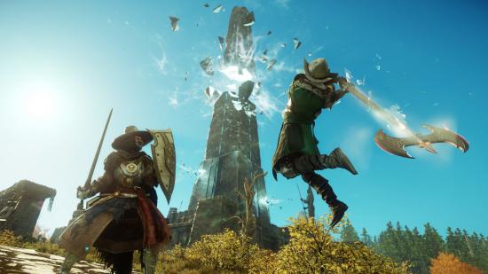 Characters battle in New World, which just launched into an already-massive closed beta