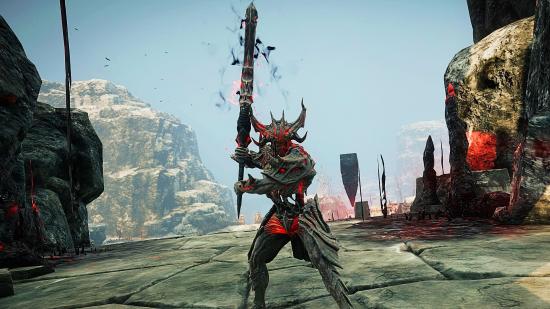 Gate Keeper enemy standing guard with a two-handed sword in WoW and Diablo-inspired MMO, New World