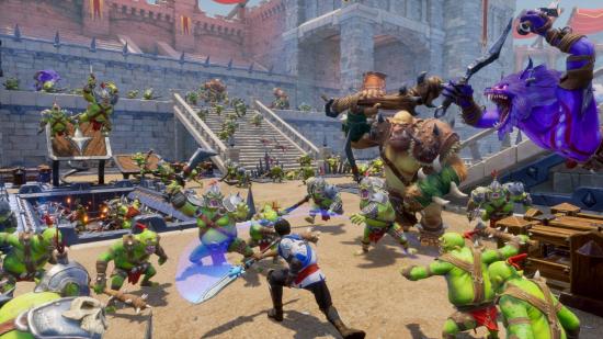 A lone hero takes on a throng of ogres, goblins and orcs in a castle courtyard in Orcs Must Die 3.