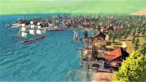 An image of a dock and ocean-side medieval city in new city-building game Patron