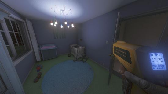 A screenshot of a nursery room in Phasmophobia with a crib, moible, and toys