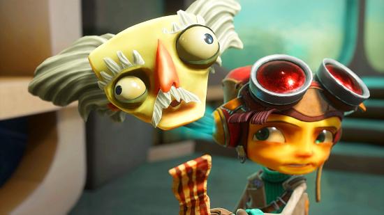 Raz from Psychonauts 2 holding up a scientist's head
