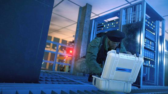 A Rainbow Six Siege operator crouches while prepping gear in a match