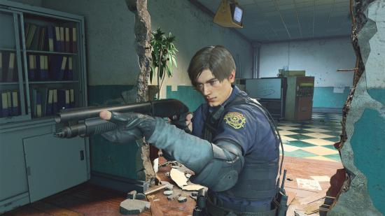 Leon Kennedy from Resident Evil aims a shotgun in Resident Evil Re:Verse