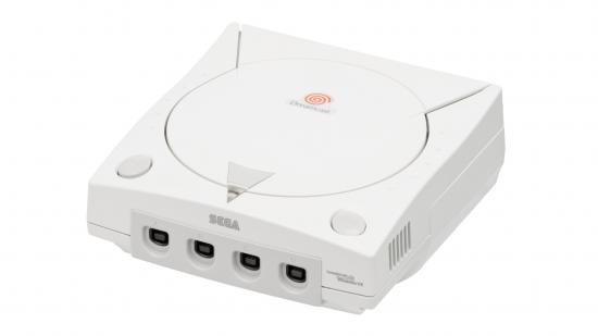 A stock, white Dreamcast console