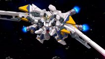 A Gundam suit flies in space in Super Robot Wars 30