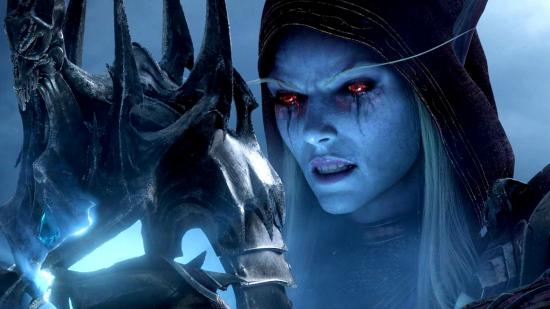 Sylvanas Windrunner gazes at an iron helm in a World of Warcraft cinematic.