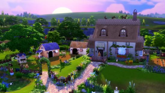 The sun is setting on a cottage surrounded by grass and trees in the Sims 4 Cottage Living expansion pack