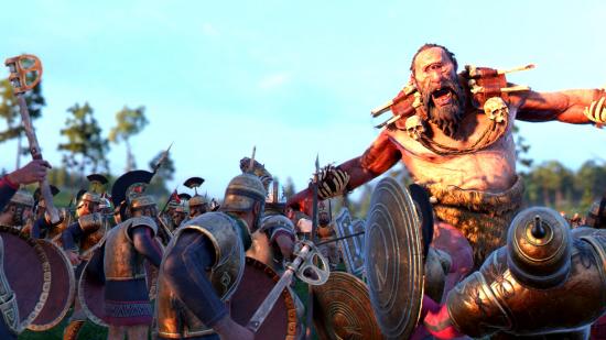A cyclops roars are some Greek soldiers in strategy game Total War Troy