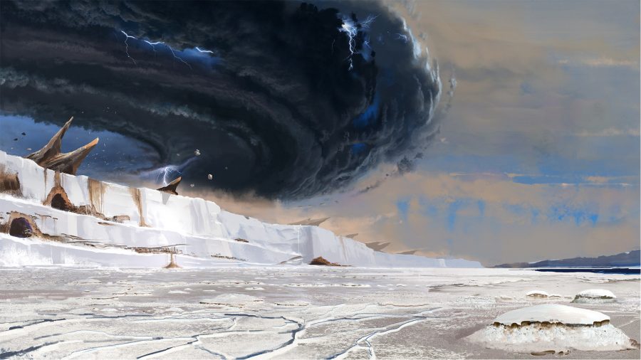 Dark stormclouds swirl over the salt flats in Vagrus - The Riven Realms