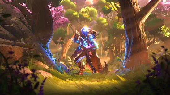 A Dota 2 character standing in an autumnal forest