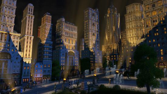 Victorian-era gothic skyscrapers are lit up at night in Anno 1800.