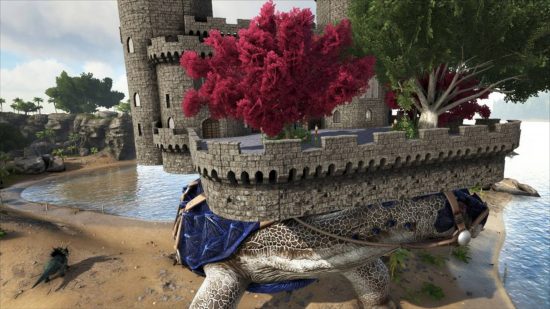 Best Ark Survival Mods：Ark Survival EvolvedのWorld Turtle Modは、背中の壁に木が成長しています。