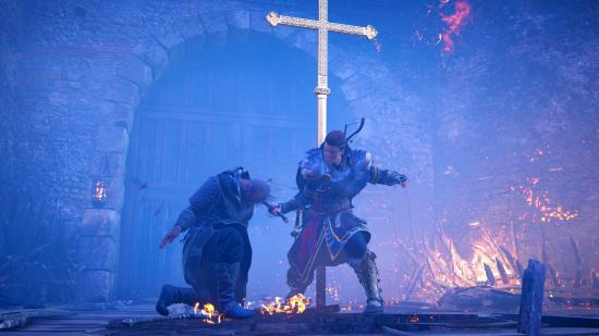 Eivor executing a Frankish solider in Assassin's Creed Valhalla's Siege of Paris DLC